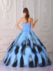 Strapless Ball Gown Applique Beadings A-line Taffeta and Organza Blue and Black 2014 Spring Quiceanera Dresses