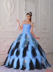 Strapless Ball Gown Applique Beadings A-line Taffeta and Organza Blue and Black 2014 Spring Quiceanera Dresses