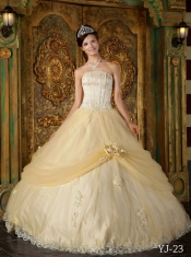 Strapless Ball Gown Appliques Hand Made Flower Champange Tulle Spring Quinceanera Dresses 2014