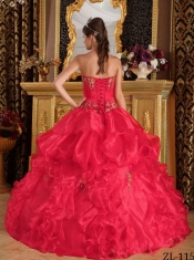 Strapless Ball Gown Appliques Ruffles Red Organza Best Quinceanera Dresses