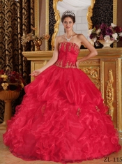 Strapless Ball Gown Appliques Ruffles Red Organza Best Quinceanera Dresses