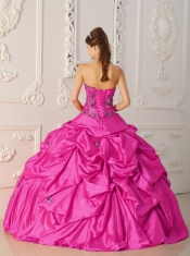 Strapless Ball Gown Hot Pink Taffeta Appliques and Beadings Best Quinceanera Dresses Embroidery