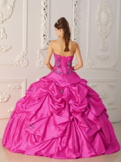 Strapless Ball Gown Hot Pink Taffeta Appliques and Beadings Best Quinceanera Dresses Embroidery