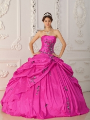 Strapless Ball Gown Hot Pink Taffeta Appliques and Beadings Best Quinceanera Dresses Embroidery