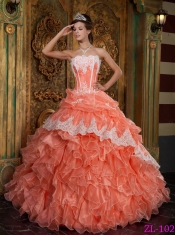 Strapless Ball Gown Orange Red Appliques Ruffles Organza Spring Quinceanera Dresses