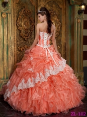 Strapless  Ball Gown Orange Red Appliques Ruffles Organza Spring Quinceanera Dresses