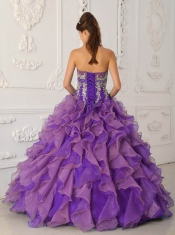 Strapless Ball Gown Purple Ruffles Beadings and Appliques 2014 Quiceanera Dresses