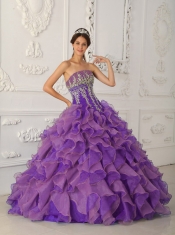 Strapless Ball Gown Purple Ruffles Beadings and Appliques 2014 Quiceanera Dresses