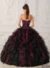 Strapless Burgundy and Black Taffeta and Organza Ball Gown Beadings Embroidery Best Quinceanera Dresses