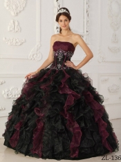 Strapless Burgundy and Black Taffeta and Organza Ball Gown Beadings Embroidery Best Quinceanera Dresses