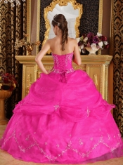 Strapless Hot Pink Organza Appliques Ball Gown Best Quinceanera Dresses 2014