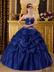 Strapless Navy Blue Ball Gown Beading Appliques Taffeta Dark Blue Best Quinceanera Dresses