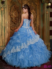 Strapless Sweetheart Ball Gown Appliques Ruffles Organza Aqua Blue Best Quinceanera Dresses