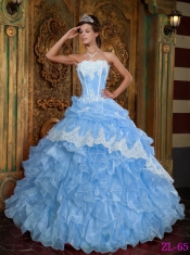 Strapless Sweetheart Ball Gown Appliques Ruffles Organza Aqua Blue Best Quinceanera Dresses