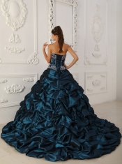 Strapless Teal Ball Gown Chapel Train Appliques And Beading Beautiful Quinceanera Dress In Taffeta and Organza