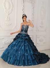 Strapless Teal Ball Gown Chapel Train Appliques And Beading Beautiful Quinceanera Dress In Taffeta and Organza