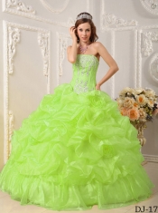 Strapless Yellow Green Ball Gown Beadings Lace-up Spring Quinceanera Dresses 2014