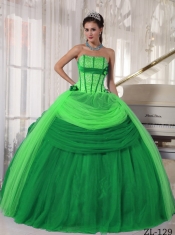 Straps Ball Gown Tulle Green Beadings Spring Quinceanera Dresses 2014