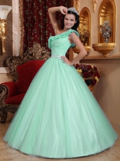 Sweet 16 Dresses In Apple Green A-line One Shoulder Floor-length With Tulle Ruch