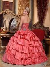 Sweet 16 Dresses In Coral Red Ball Gown Strapless Floor-length Taffeta Appliques