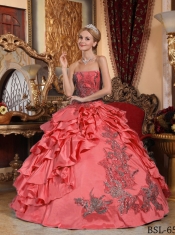 Sweet 16 Dresses In Coral Red Ball Gown Strapless Floor-length Taffeta Appliques