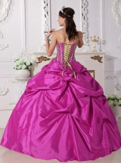 Sweet 16 Dresses In Fuchsia Ball Gown Strapless With Taffeta Beading and Hand Made Flowers