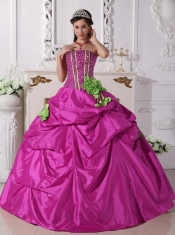 Sweet 16 Dresses In Fuchsia Ball Gown Strapless With Taffeta Beading and Hand Made Flowers