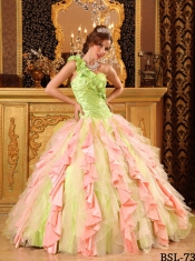Sweet 16 Dresses In Multi-Color Ball Gown With One Shoulder Beading And Ruffles