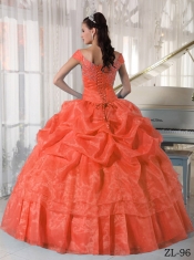 Sweet 16 Dresses In Orange Red Ball Gown Off The Shoulder With Taffeta and Organza Beading