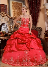 Sweet 16 Dresses In Red Ball Gown Sweetheart Floor-length Taffeta Embroidery with Beading