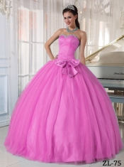 Sweet 16 Dresses In Rose Pink Ball Gown Sweetheart With Tulle Beading and Bowknot