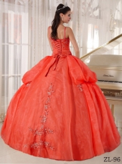 Sweet 16 Dresses In Rust Red Ball Gown Spaghetti  Straps With Taffeta and Organza Appliques