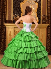 Sweet 16 Dresses In Spring Green and White Sweetheart Ruffles and Embroidery