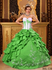 Sweet 16 Dresses In Spring Green and White Sweetheart Ruffles and Embroidery