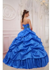 Sweet Blue Beading and Hand Made Flower Strapless Taffeta with Pick Ups Ball Gown Dress