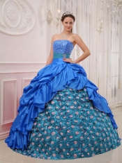 Sweet Blue Beading and Hand Made Flower Strapless Taffeta with Pick Ups Ball Gown Dress