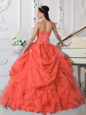 Sweet16 Floor-length Organza Beading Orange Red Ball Gown Strapless Beautiful Quinceanera Dress