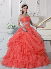 Sweet16 Floor-length Organza Beading Orange Red Ball Gown Strapless Beautiful Quinceanera Dress