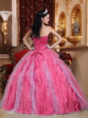 Sweetheart 2014 Ball Gown Coral Red Tulle Ruffles Spring Quinceanera Dresses