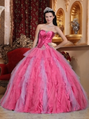Sweetheart 2014 Ball Gown Coral Red Tulle Ruffles Spring Quinceanera Dresses