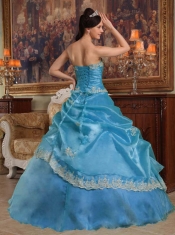 Sweetheart Appliques Pick-ups Organza Aqua Blue Best Quinceanera Dresses