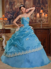 Sweetheart Appliques Pick-ups Organza Aqua Blue Best Quinceanera Dresses