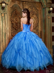 Sweetheart Appliques Ruffles Ball Gown Organza Blue Best Quinceanera Dresses 2014