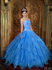 Sweetheart Appliques Ruffles Ball Gown Organza Blue Best Quinceanera Dresses 2014