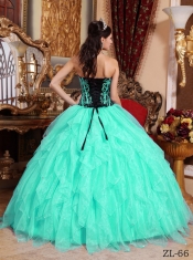 Sweetheart Ball Gown Apple Green and Black Organza Embroidery with Beadings Ruffles Spring Quinceanera Dresses