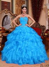 Sweetheart Ball Gown Aqua Blue Beadings and Pleat Best Quinceanera Dresses Organza