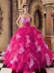 Sweetheart Ball Gown Beading and Ruffles Hot Pink Organza 2014 Spring Quinceanera Dresses