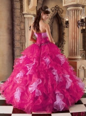 Sweetheart Ball Gown Beading and Ruffles Hot Pink Organza 2014 Spring Quinceanera Dresses