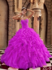 Sweetheart Ball Gown Beading Ruffles Organza Fuchsia Best Quinceanera Dresses