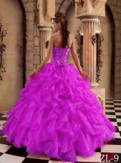 Sweetheart Ball Gown Beading Ruffles Organza Fuchsia Best Quinceanera Dresses